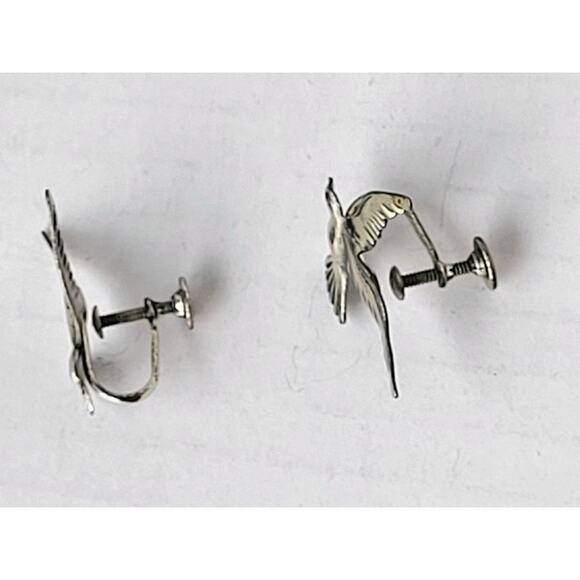 Signed BEAU Sterling Silver Seagull Bird Earrings Screw On Vintage - Picture 2 of 5